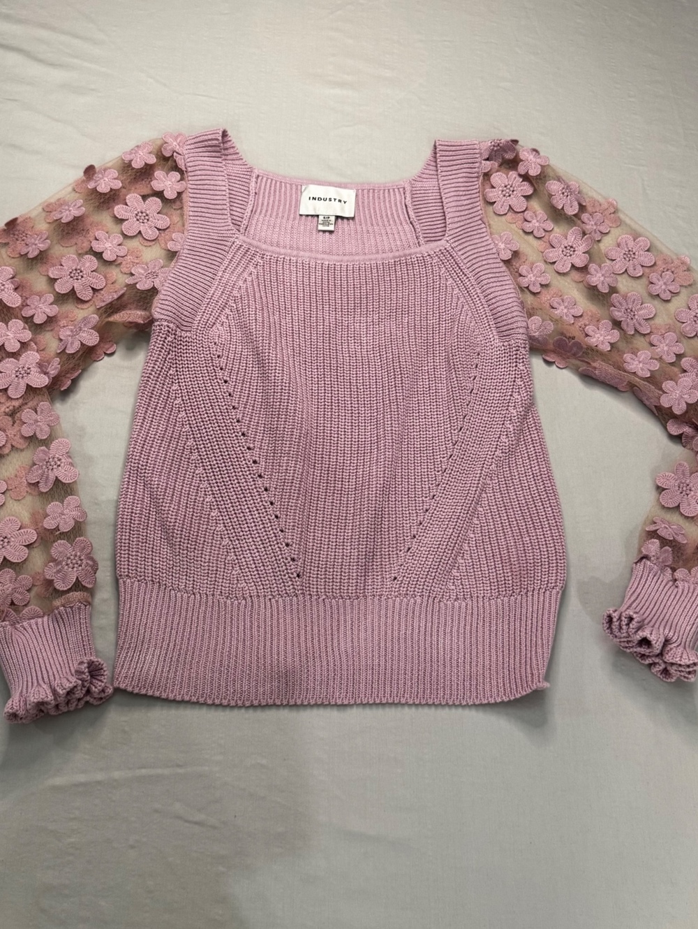 INDUSTRY Pink Crochet Knit Floral Mesh Sleeve Sweater S/P Y2K Coquette